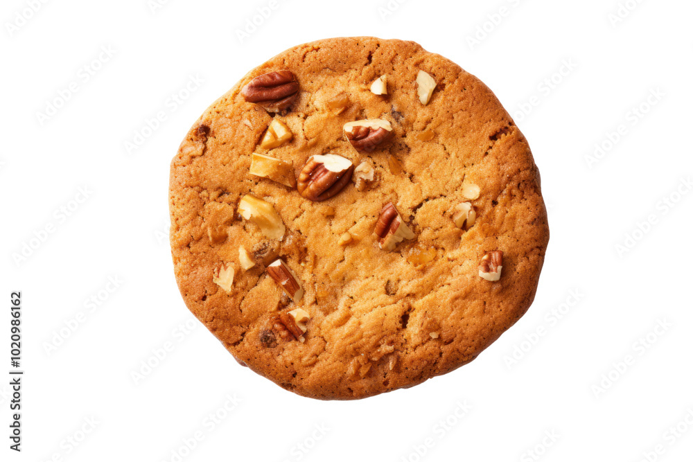 A single, rustic crunchy cookie with a textured surface and a scattering of nuts placed centrally on a clean white backdrop A single, rustic crunchy cookie with a textured surface and a scattering of nuts placed centrally on a clean white backdrop