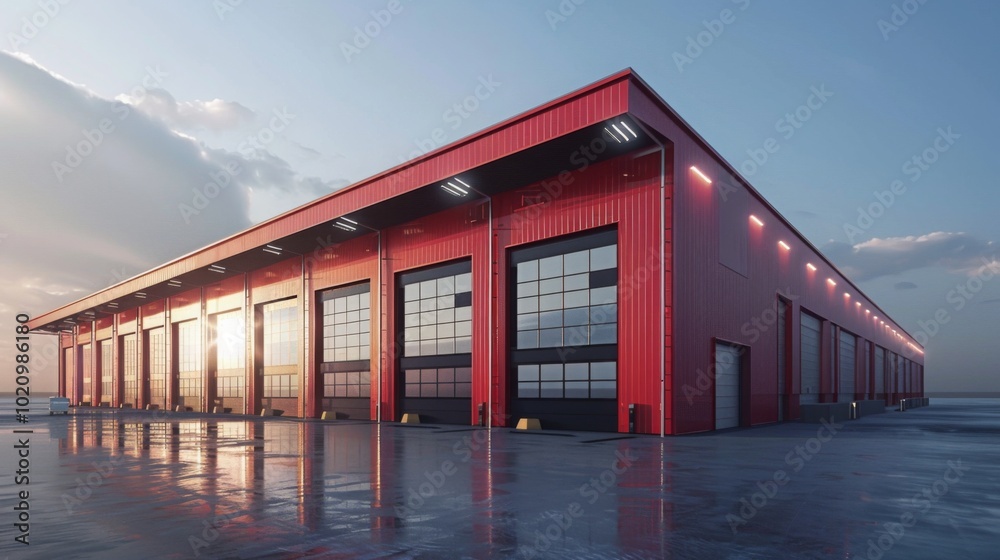 Modern Red Warehouse with Large Doors and Wet Concrete Floor at Sunset Modern Red Warehouse with Large Doors and Wet Concrete Floor at Sunset