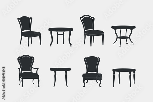 Elegant vintage chairs and tables in classic black silhouette vector illustration for timeless interior decor and antique furniture design concepts