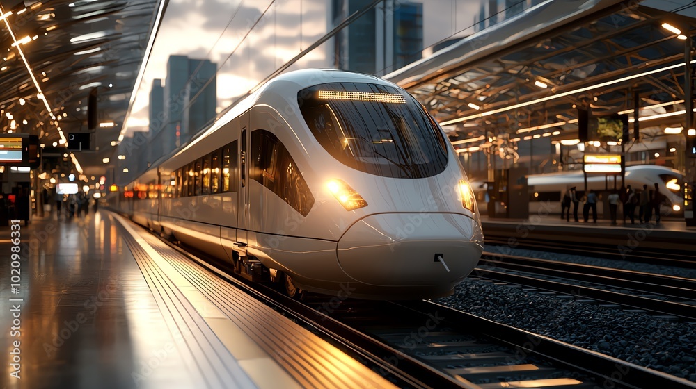 Solarpowered highspeed trains, sleek modern design, 3D illustration Solarpowered highspeed trains, sleek modern design, 3D illustration