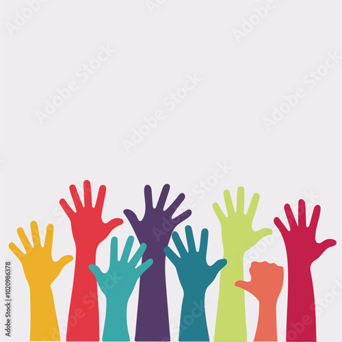 Set of people raised hands, open hands up of different types colors, diversity people multiethnic race and community concept, Teamwork, collaboration, voting, volunteering concert, protest.Flat style 