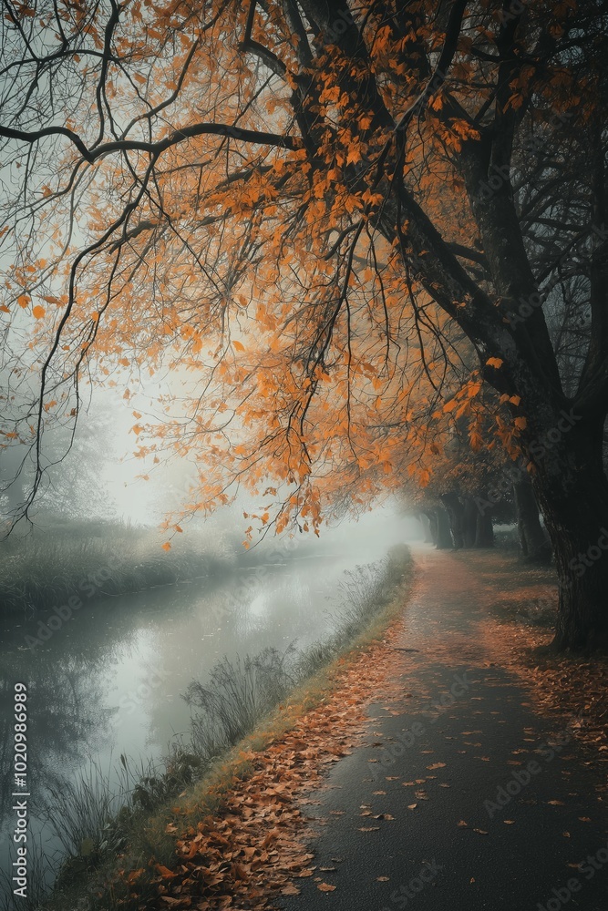 Naklejka premium A tranquil autumn scene with orange leaves lining a quiet pathway by the calm river in the misty morning light.