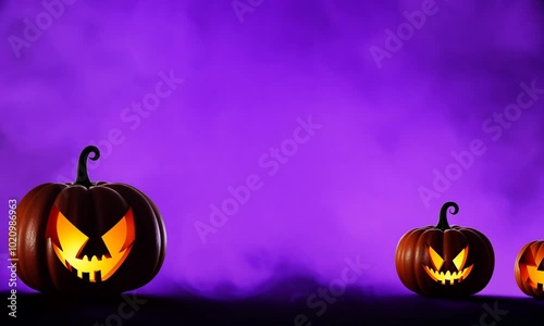 Happy halloween banner or party invitation background with violet fog clouds, ghost and pumpkins
