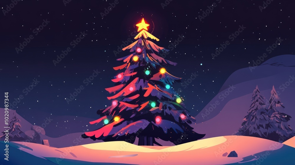 Christmas tree ornaments flat design front view winter wonderland theme cartoon drawing vivid