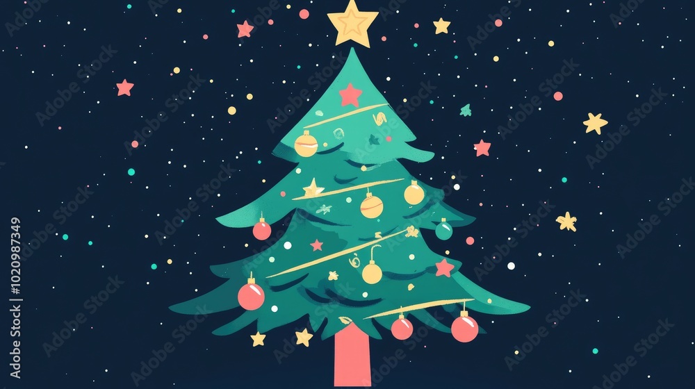 Christmas tree ornaments flat design front view winter wonderland theme cartoon drawing vivid Christmas tree ornaments flat design front view winter wonderland theme cartoon drawing vivid