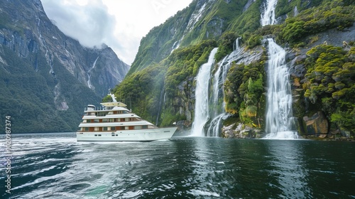 Cruise Ship Sailing Past Majestic Waterfalls in Fiordland National Park photo