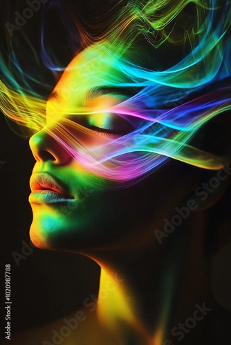 A surreal image of rainbow light swirls around a woman's face, embodying mysticism and futuristic elements uniquely.