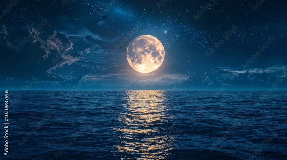 The moon reflected in a calm ocean at night, with a starry sky The moon reflected in a calm ocean at night, with a starry sky
