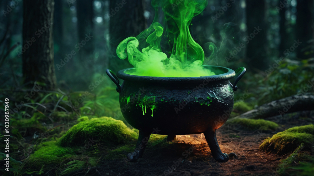 Bubbling Cauldron in Mystical Forest Setting Bubbling Cauldron in Mystical Forest Setting