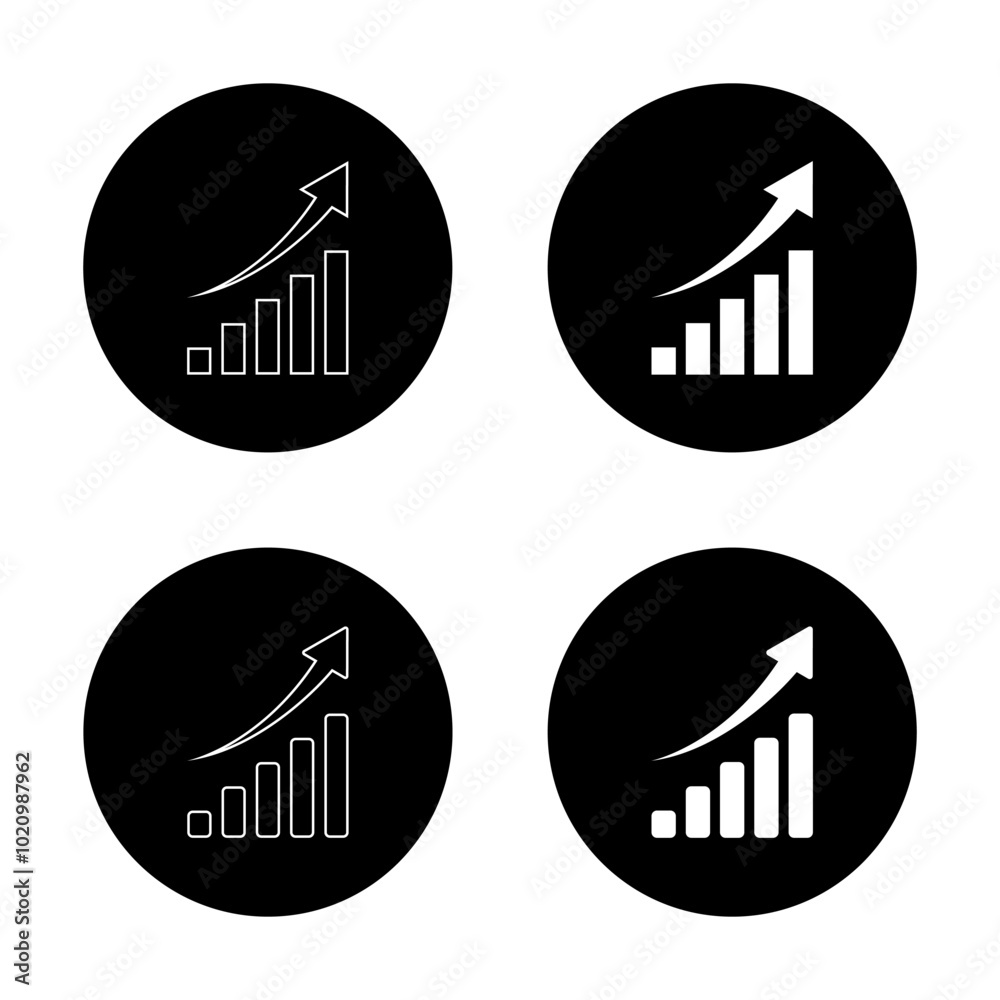 Statistics icon set on black circle. Increase bar graph concept