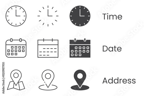 Time, Date and Address Icon Set. Clock, Map location Pin, and Calendar Symbols. Editable Line and Flat Web Icons. Vector illustration.