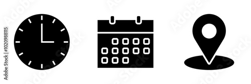 Icons for Time, Date, and Address. Comprising a Clock, Map Marker, and Calendar Graphics. Editable Flat Icons for Online Applications. Vector Illustration.