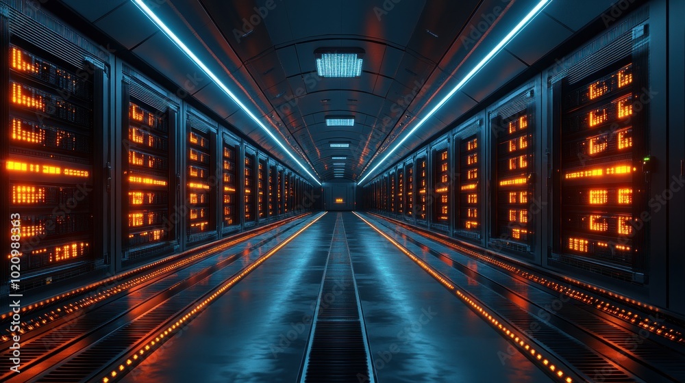 Fototapeta premium A futuristic data center with illuminated server racks.