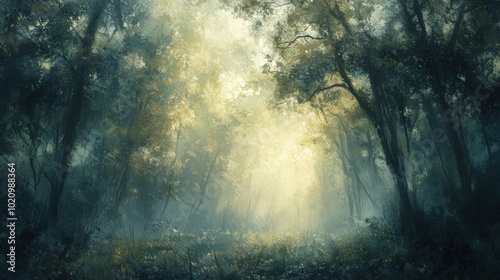 Sunlit path through a misty forest.