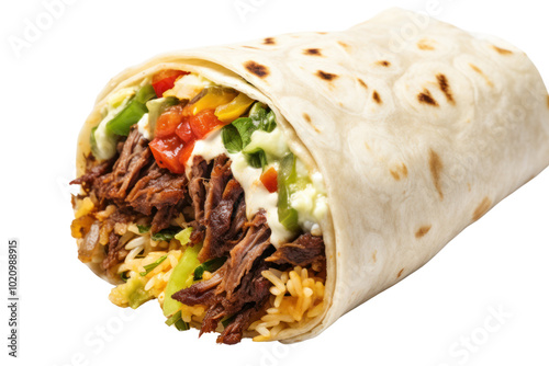 A single burrito positioned diagonally, highlighting its textured wrap and various fillings like rice and fajita vegetables, set against a bright white background