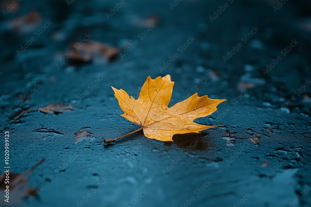 A solitary orange leaf lies peacefully on the damp ground in the stillness of autumn's embrace. A solitary orange leaf lies peacefully on the damp ground in the stillness of autumn's embrace.