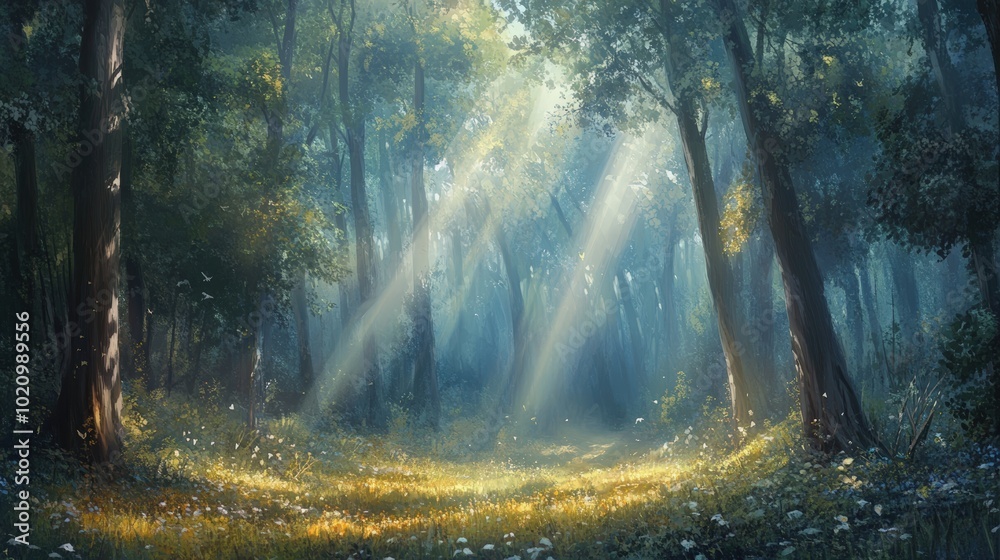 Obraz premium Sunlight beams through a misty forest.