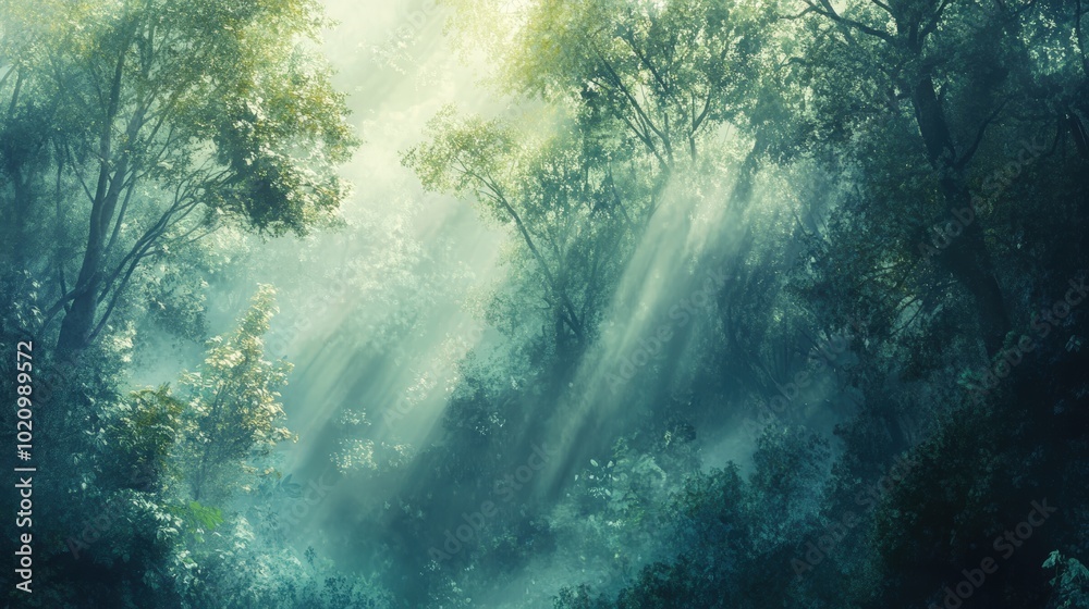 Sunbeams through lush, misty forest canopy. Sunbeams through lush, misty forest canopy.