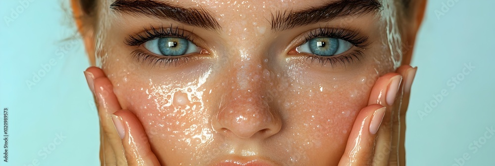Captivating closeup portrait of a naturally radiant and flawless young woman's face,highlighting her striking blue-green eyes,dewy skin,and delicate features. This image exudes a sense of femininity.