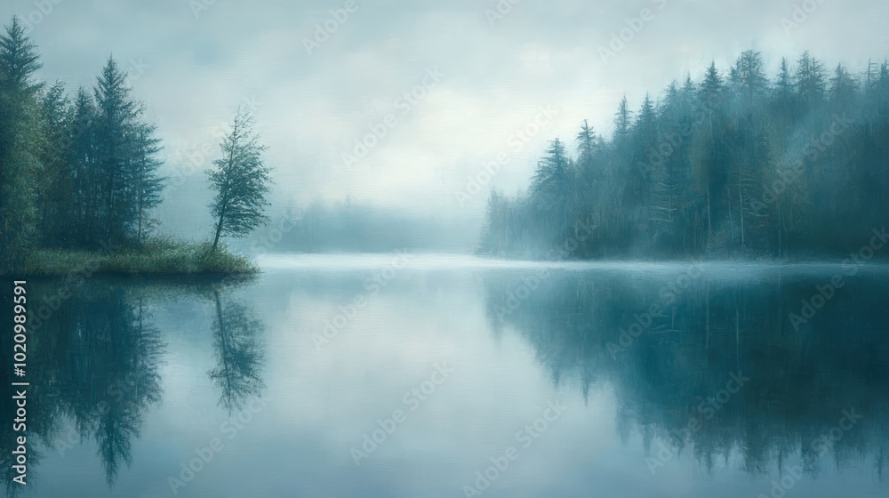Misty lake with trees reflecting in water. Misty lake with trees reflecting in water.