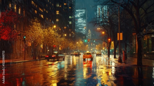 Rainy city street at night with cars.