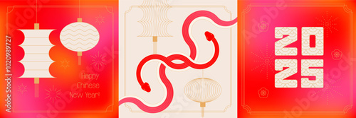 Set of Chinese New Year 2025 modern square designs in red, gold colors for cover, card, poster, banner with trendy geometric elements - geometric linear intertwined snakes and lanterns. Vector