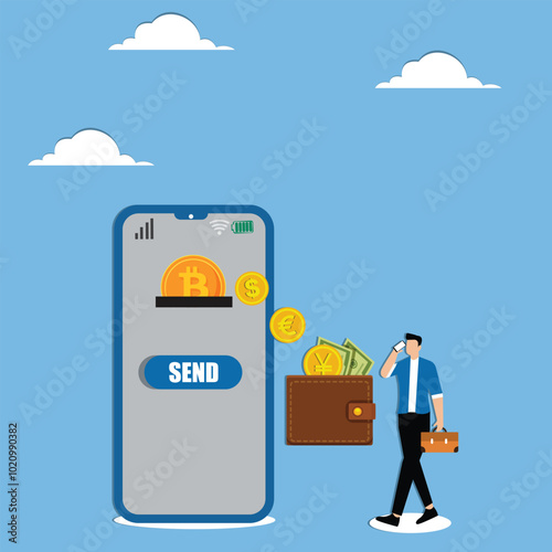 Businessman sending money from mobile