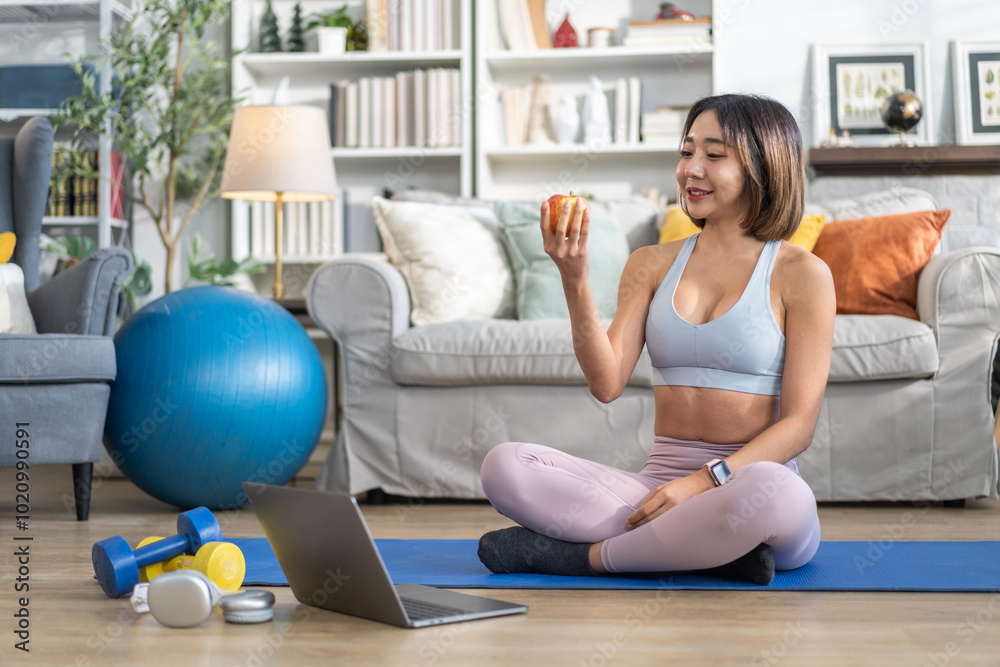 Portrait of beauty body slim healthy asian woman big smile with vegan food healthy holding apple, green apple, dental, teeth, fruit on wall.Diet.Fitness, healthy food Portrait of beauty body slim healthy asian woman big smile with vegan food healthy holding apple, green apple, dental, teeth, fruit on wall.Diet.Fitness, healthy food