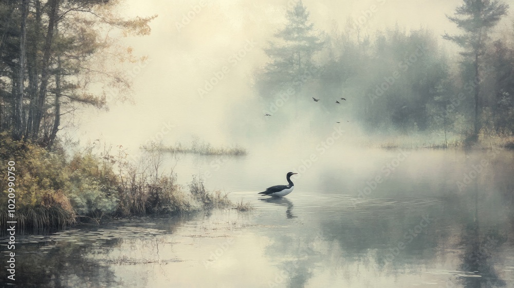 Fototapeta premium Springtime scene with a departing loon (hazy dawn). There were birds all over the lake's surface in the foggy forest. The image is a work of fine art photography. The photograph's artistic style.