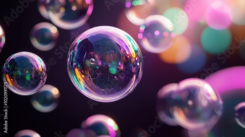 3D bubbles floating in the air, reflecting light with a colorful shine