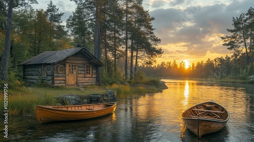 a A serene river with a small, rustic cabin on the bank and a wooden boat tied up at the water’s edge.
