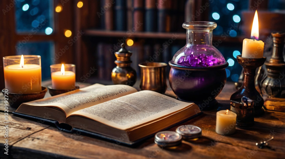 Enchanted Potionmaking Scene with Open Book Enchanted Potionmaking Scene with Open Book