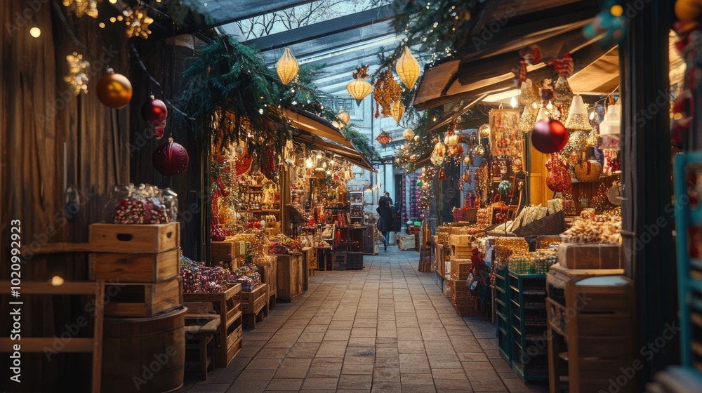 A vibrant market scene filled with stalls showcasing festive decorations and local crafts A vibrant market scene filled with stalls showcasing festive decorations and local crafts