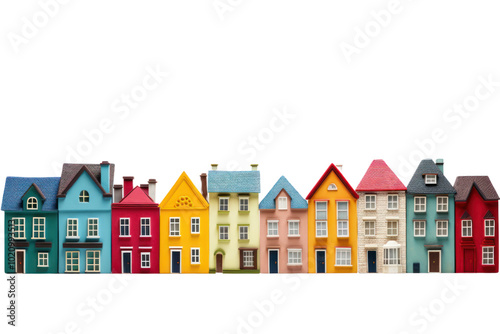 A row of vibrant, multi-colored houses with bold hues, including red, yellow, blue, green, and pink, each with unique architectural details
