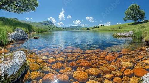 the A panoramic view of a freshwater lake with rolling hills, clear water, and a bright blue sky.