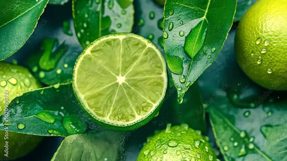 A freshly cut lime rests among vibrant green leaves covered in dew drops, showcasing nature's freshness and purity in a tranquil setting, embodying the concept of natural vitality. A freshly cut lime rests among vibrant green leaves covered in dew drops, showcasing nature's freshness and purity in a tranquil setting, embodying the concept of natural vitality.