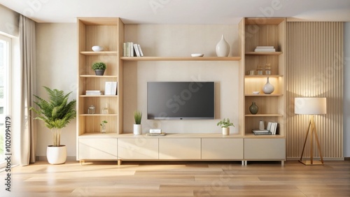 Modern Minimalist Living Room with Wooden Shelving and a Large Television