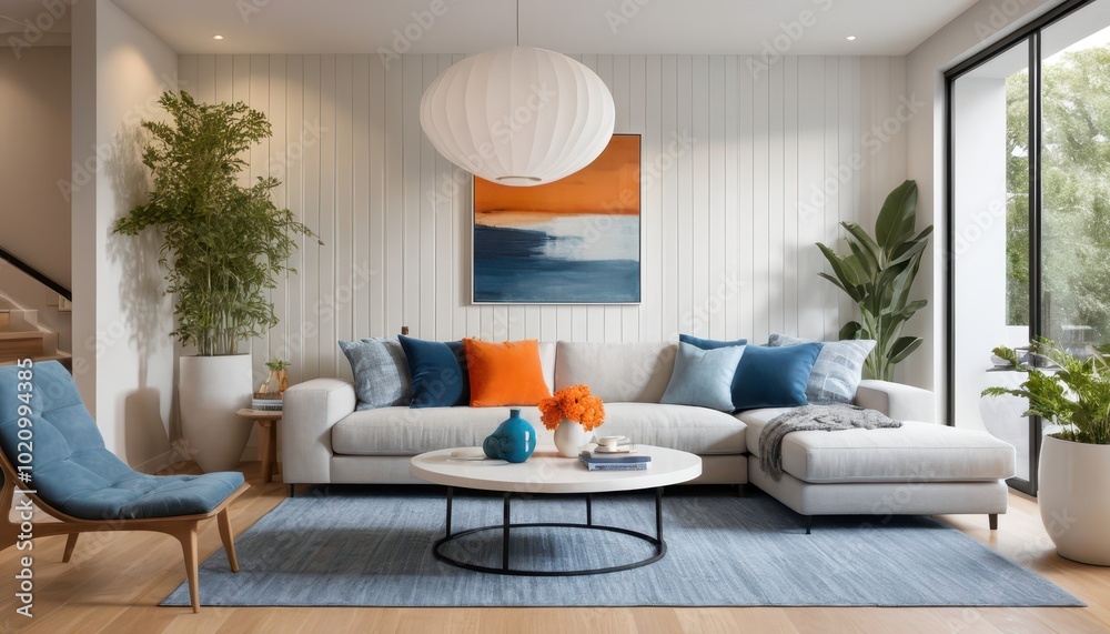 Naklejka premium Modern Living Room Design with Elegant Decor and Vibrant Colors