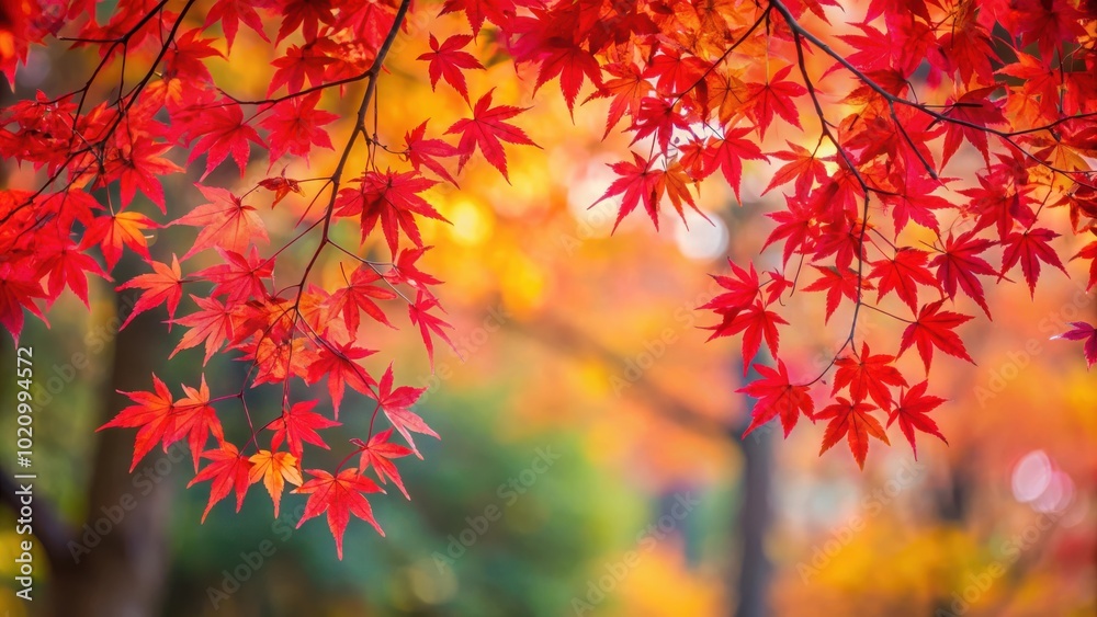 Crimson Maple Leaves Against a Blurred Background of Autumn Colors Crimson Maple Leaves Against a Blurred Background of Autumn Colors