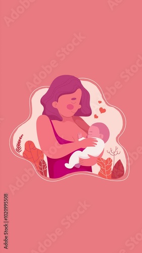 Mother Breastfeeds Baby On Pink Background. Vertical Animation In Flat Art Style 4 K For World Breastfeeding Week 