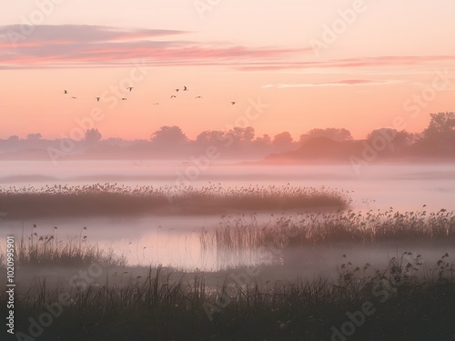 A Misty Sunrise Over a Still Lake with Birds Flying