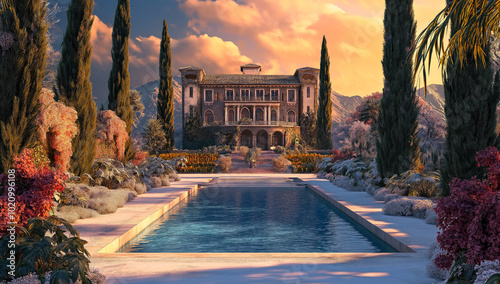 Old mansion in the mountais with a pool in front, surrounded by huge plants and flowers on the sides. In the winter, with a warm light and an orange-colored sunset. photo