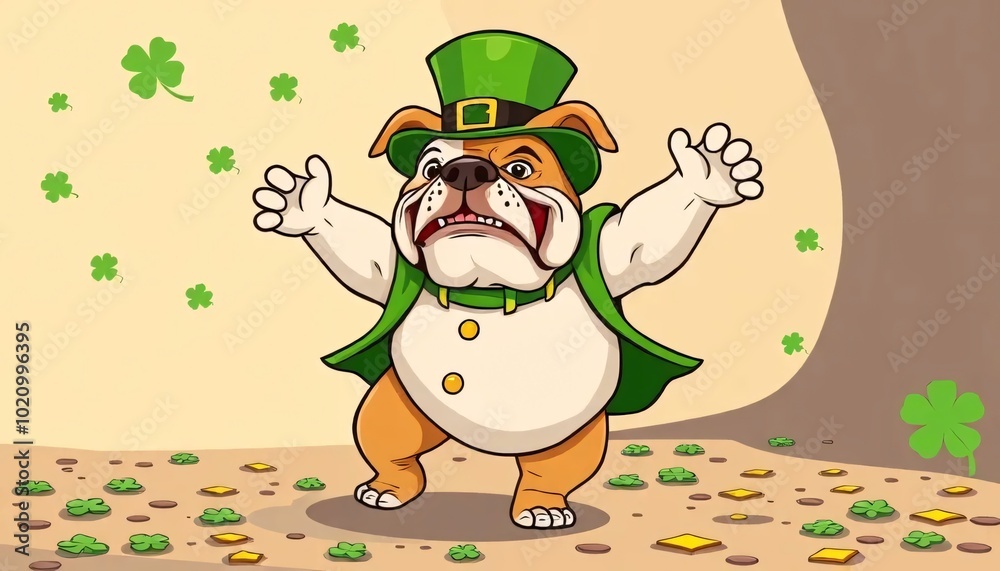 Naklejka premium Cheerful Cartoon Bulldog in a Leprechaun Outfit Celebrating St. Patrick's Day with Clover and Gold