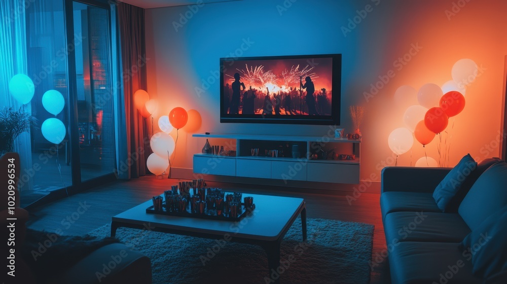 Festive New Years Eve movie night setup in a modern living room with countdown celebration decorations Festive New Years Eve movie night setup in a modern living room with countdown celebration decorations