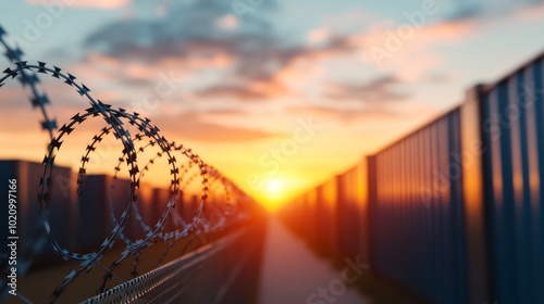 Barbed Wire Surrounding Shipping Containers Representing Trade Restrictions photo