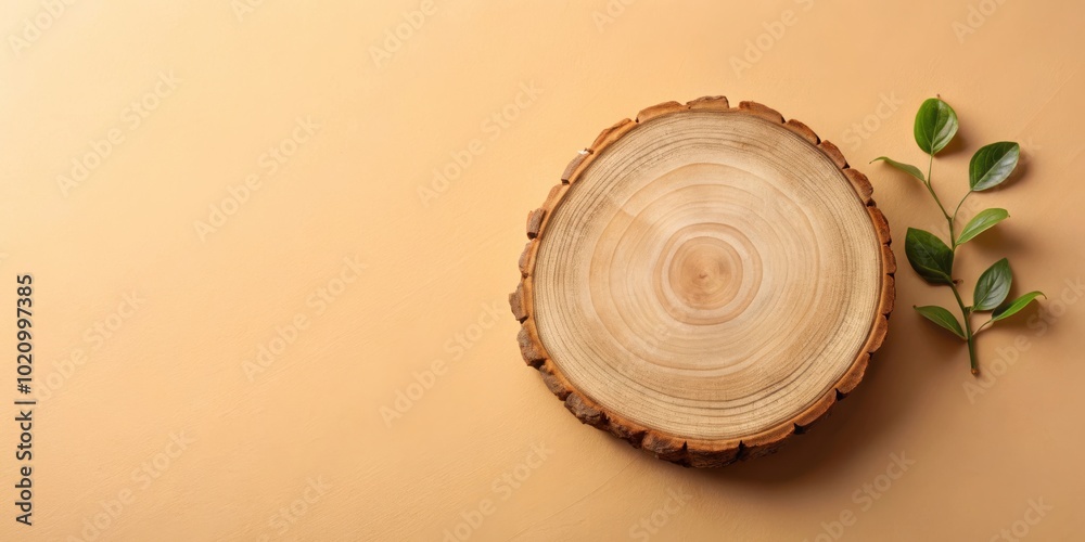 Wooden Slice with Green Foliage on a Warm Background Wooden Slice with Green Foliage on a Warm Background