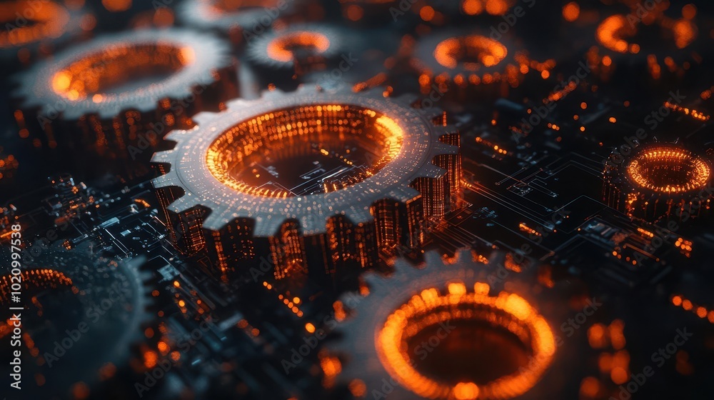 integration concept visual featuring gears interlocking amid a digital backdrop symbolizing the harmony between technology and systems working in unison for efficiency