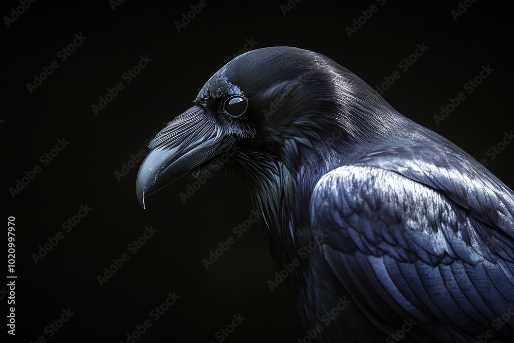 Majestic raven portrait with glossy feathers and dark aura