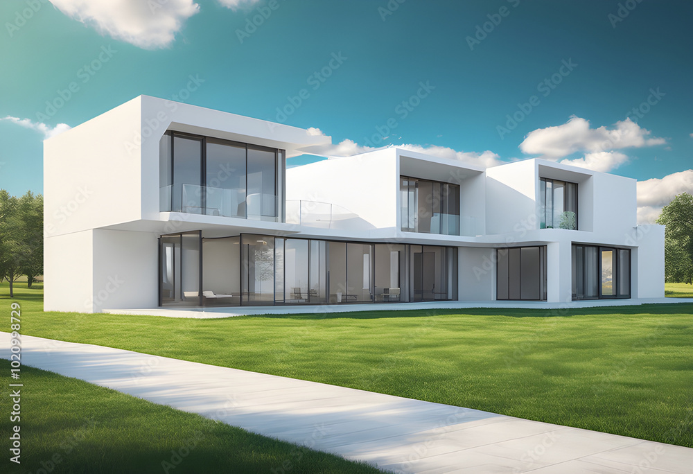A clean white minimalist building amidst a vast grassland and a bright blue sky, with white clouds floating in the background. - Generative AI A clean white minimalist building amidst a vast grassland and a bright blue sky, with white clouds floating in the background. - Generative AI