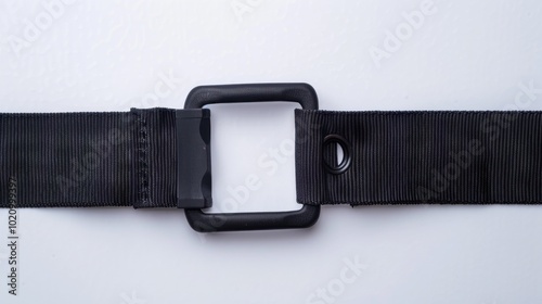 studio photo Black fabric belt with black metal buckle on white background